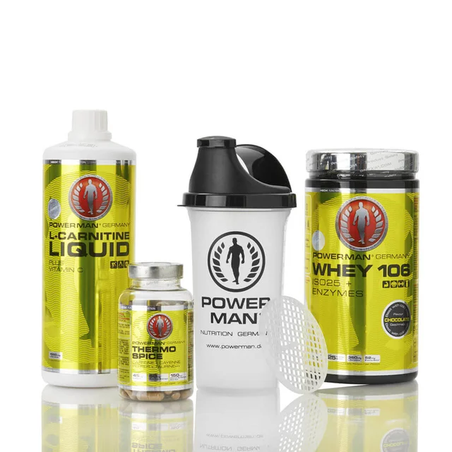 Powerman Weight Loss Bundle featuring four products: L-Carnitine Liquid bottle, supplement capsules, branded shaker bottle with black lid, and Whey 108 protein powder container with yellow labels.